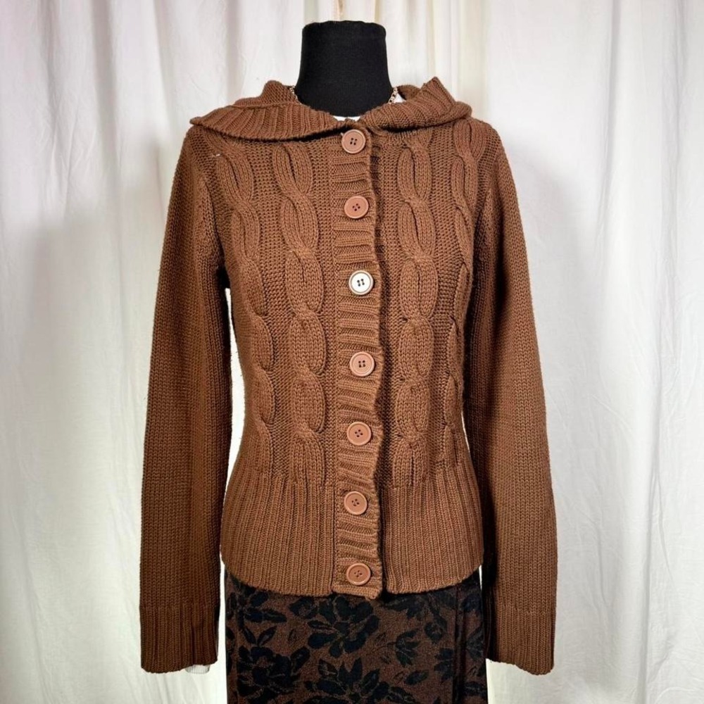 Carol Rose Hooded Cable-Knit Cardigan – Brown (S